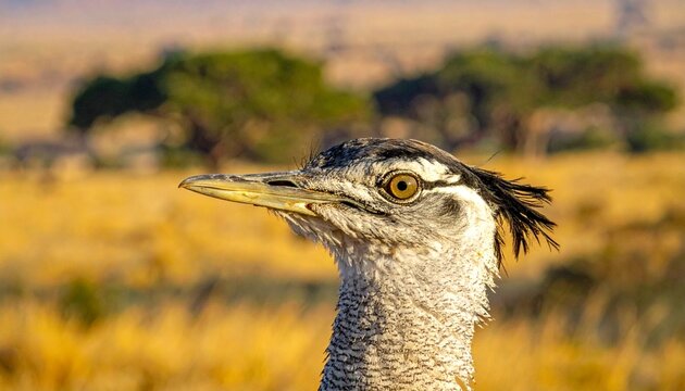 Kori bustard bird close-up portrait in African savanna with detailed plumage and throat display