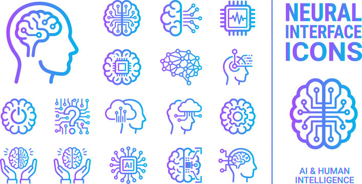 Neural interface icons ai human intelligence symbols.