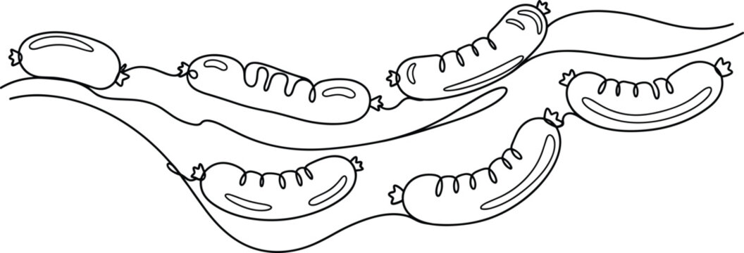 Continuous line art sausage illustration with text typography header minimal black outline vector design element isolated on transparent background for butcher shop branding and logos