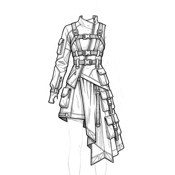 Hand drawn sketch of asymmetric cyberpunk dress isolated on white. Anime style illustration.