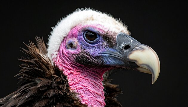 Lappet-faced Vulture Close-up Portrait with Pink Neck Folds and Massive Hooked Beak in Dark Setting