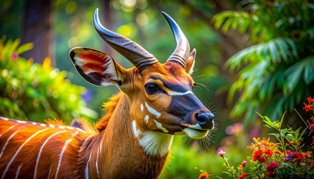 Bongo antelope close-up portrait with spiral horns in lush Central African forest greenery