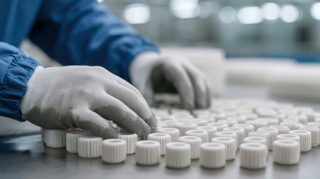 Worker wearing protective glove sorting small white plastic caps on metal table in industrial factory environment with blurred background and focus on hand