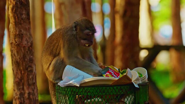 Macaque monkey looks in dumpster for food in the forest