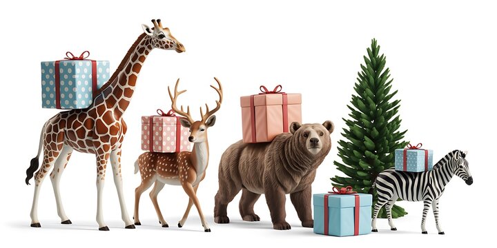 Giraffe, reindeer, bear, and zebra carrying Christmas presents