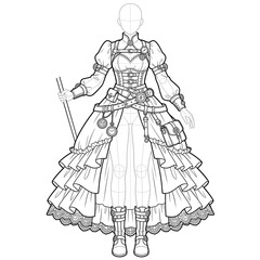 Fototapeta premium Hand drawn sketch of steampunk time mage dress front isolated on white. Anime style.