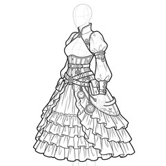 Fototapeta premium Hand drawn sketch of steampunk time mage dress side isolated on white. Anime style.
