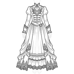 Fototapeta premium Technical line art of Elegant Gothic Aristocrat dress front view.