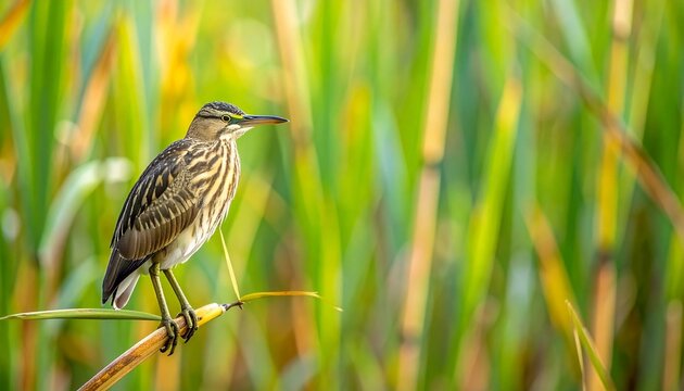 Little bittern bird perched on reed stem in natural wetland habitat with green foliage