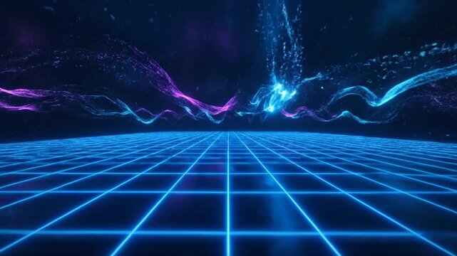 Futuristic digital wave patterns in neon blue and purple grid cyber space background