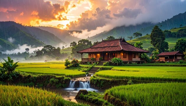 Typical Indian style home amidst paddy fields, mountains & waterfall during monsoon season in coastal or mountainous region of India.