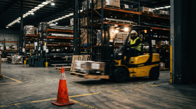 Safety training workplace rules concept. Warehouse worker operating a forklift carrying goods inside a large industrial storage facility.