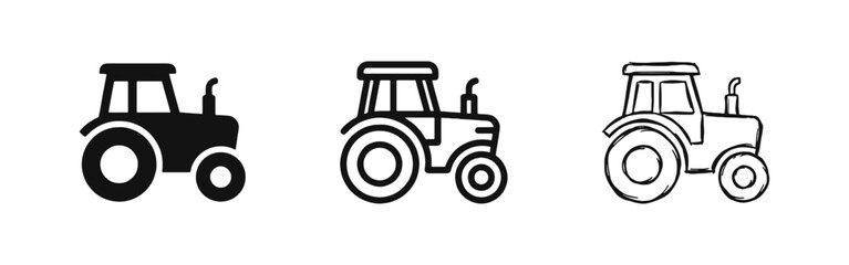 Farm Tractor Icon Set in Solid Outline and Sketch Styles for Agriculture and Machinery Designs © drawing lines