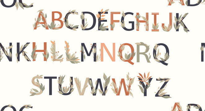 Seamless vector pattern featuring the complete alphabet letters decorated with beautiful autumn leaves and floral elements.