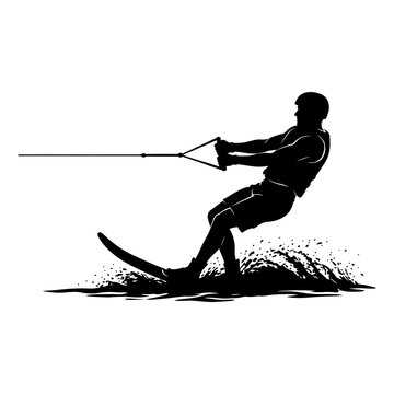 Silhouette of a waterskier gliding on water against a white background