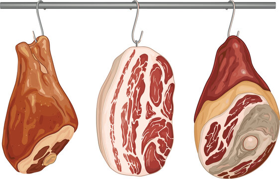 Cured pork ham legs and pork belly brisket hanging on meat hooks vector illustration set isolated on transparent background for vintage butcher shop window display design
