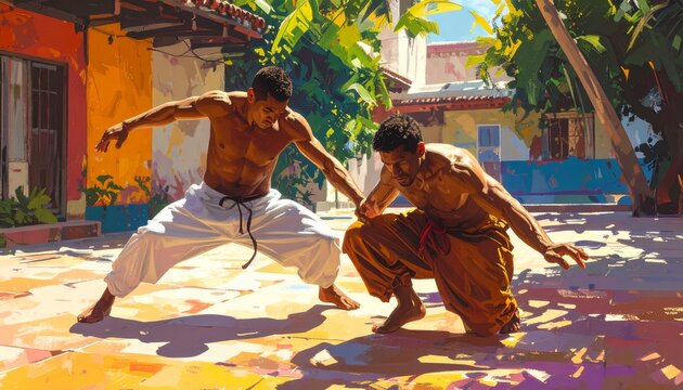 Two capoeira practitioners performing ginga sway in low crouch outdoor urban setting dramatic lighting