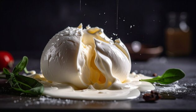 Burrata cheese being pulled apart with stracciatella and cream pouring in dark moody studio setting