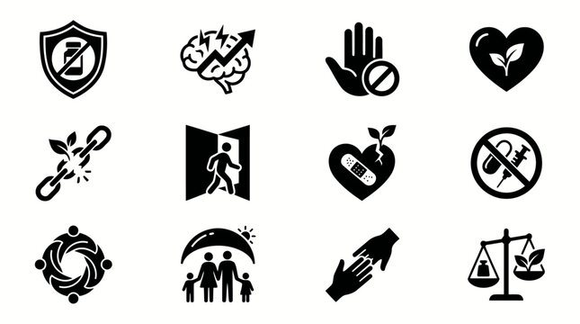 Drug Abuse Prevention Black Silhouette Icons, Anti Drugs Awareness Vector Pack for Global Campaign