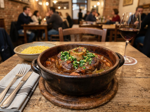 Italian osso buco braised veal shanks served in a rustic restaurant setting