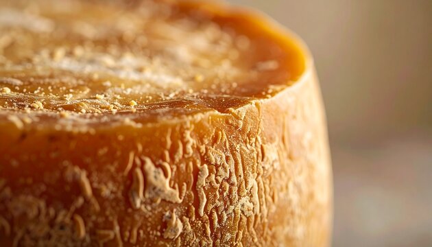 Aged cheese wheel with crusty tan brown rind in close-up studio lighting texture detail