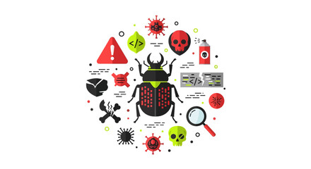 Fototapeta premium Cybersecurity and Software Bug Illustration with Malware, Virus, and Hacking Icons