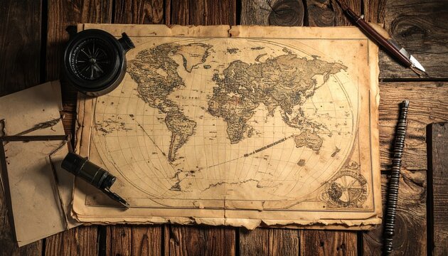 A vintage brass compass rests on an antique pirate treasure map and grunge parchment paper with a retro telescope, wooden gun, and war ammunition isolated on a blank brown manuscript