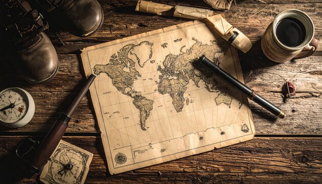 A vintage brass compass rests on an antique pirate treasure map and grunge parchment paper with a retro telescope, wooden gun, and war ammunition isolated on a blank brown manuscript
