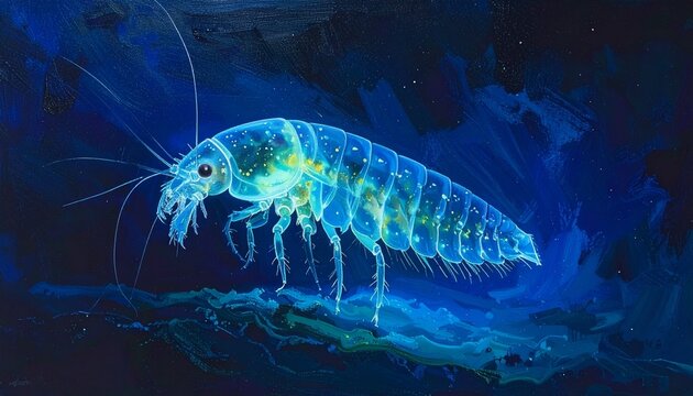 Bioluminescent copepod glowing in deep sea with blue light photophores macro close-up