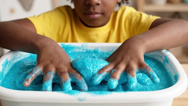 A child playing with blue glittery slime in a white plastic container