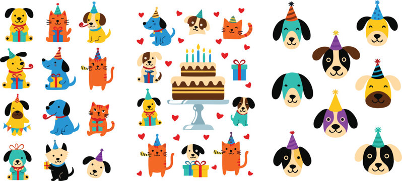 Cute birthday dog and cat cartoon vector illustration set featuring party pets cake gifts and festive celebration characters