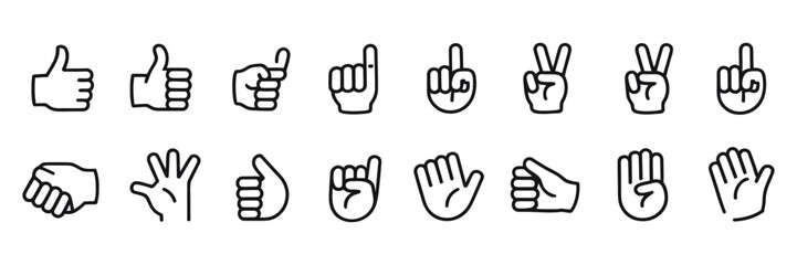 Fototapeta premium Hand gestures icon set, including handshake, clapping hands, horns gesture, thumbs up, middle finger