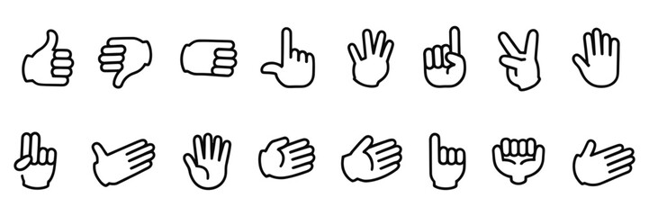 Obraz premium Hand gestures icon set featuring handshake, applause, horns sign, thumb up, middle finger, helping hand, heart gesture, crossed fingers, fist, direction, like and dislike icons