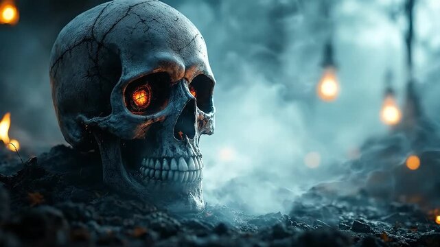 A cracked skull with glowing eyes sits in smoke, with lights in the background.