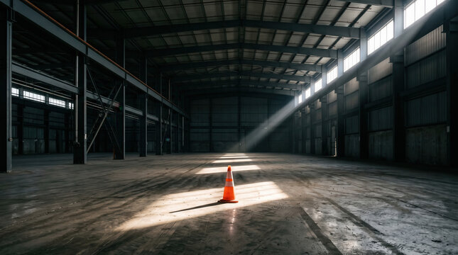 Safety training workplace rules concept. Empty industrial warehouse interior with sunlight beam illuminating a single orange traffic cone.