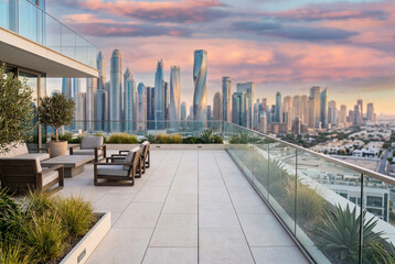 Fototapeta premium Modern rooftop terrace with outdoor furniture overlooking a beautiful city skyline at sunset