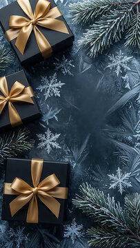 Bo&icirc;tes-cadeaux de No&euml;l avec rubans dor&eacute;s sur fond sombre givr&eacute; avec flocons de neige et branches de sapin