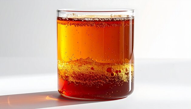 Apple cider vinegar with sediment and mother culture in clear glass close-up studio shot
