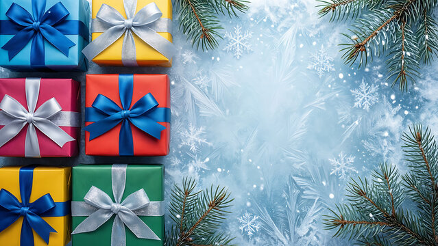 Bo&icirc;tes-cadeaux de No&euml;l avec rubans sur fond bleu givr&eacute; avec branches de pin et flocons de neige