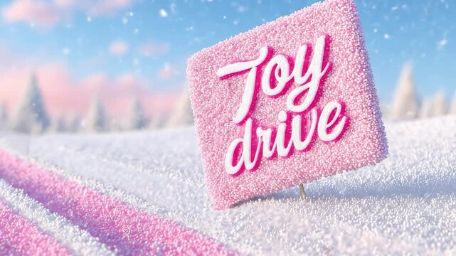 A pink textured square sign with cursive "Toy drive" text stands in a snowy winter landscape next to a pink pathway under a soft blue sky with pine trees.
