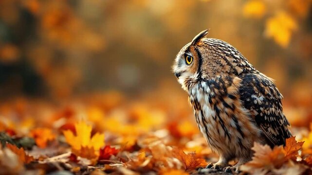 An owl sits amidst colorful autumn leaves in a forest setting.