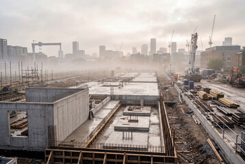 Fototapeta premium Concrete foundations stand at a foggy urban construction site with a distant city skyline behind
