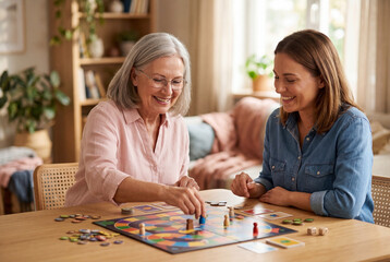 Fototapeta premium Two women playing a board game together at a wooden dining table