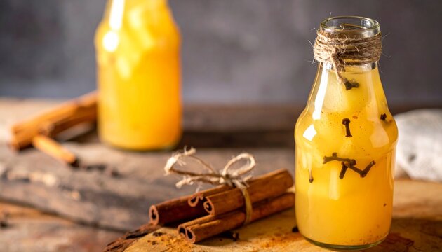 Wooden barrel with vinegar bottles and cinnamon sticks on rustic table aged texture