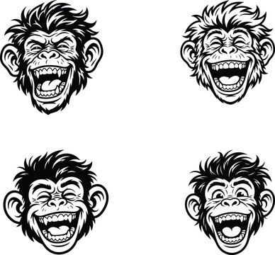 Laughing Cartoon Monkey Head Black and White Line Art Illustration Set