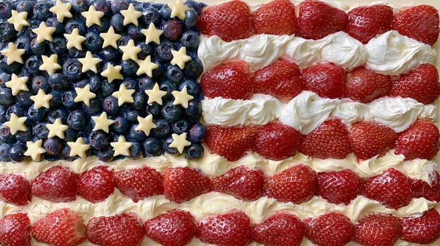 Edible American flag made of fresh blueberries strawberries and cream with white chocolate stars on homemade dessert for patriotic American holiday celebration