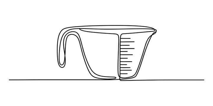 Single line drawing of a measuring cup with measurement marks and a handle, simple illustration on a plain surface Vector, illustration