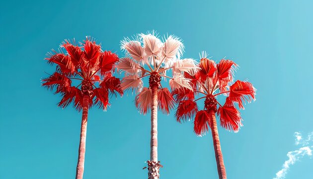 Three palm trees against a clear blue sky with unusual red/white colors