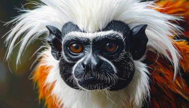 Cotton-top tamarin monkey close-up portrait with white mohawk fur in natural habitat