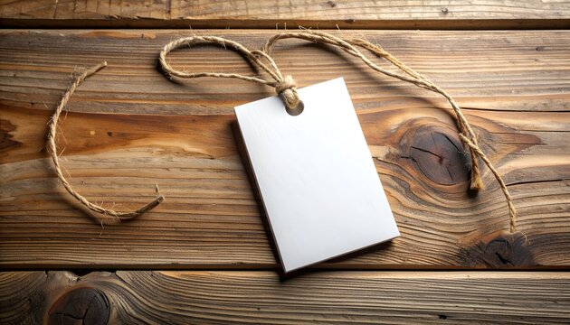 Plain white tag with string on weathered brown wood surface, top view